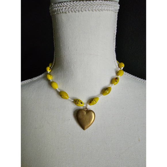 Upcycled Vintage Glass Bead Necklace with Barrel Clasp, Puffy Heart Locket - Picture 1 of 5